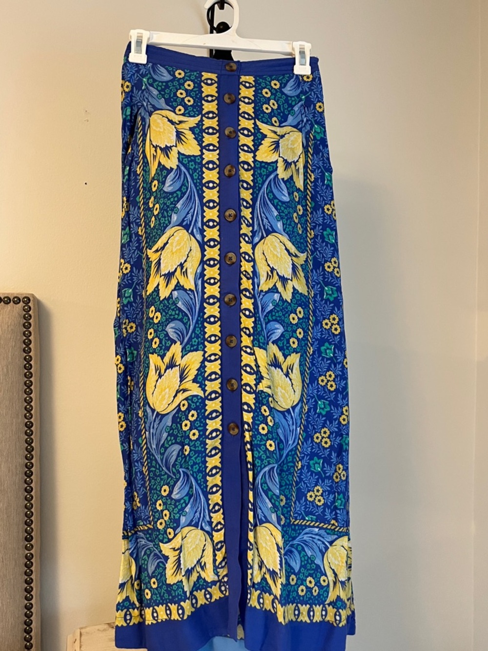Anthropologie/Maeve Blue & Yellow Floral Button-Front Maxi Skirt- Size 0